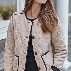 NEW J Jill Quilted Faux Sherpa Cream Button Jacket with Black Trim 3x